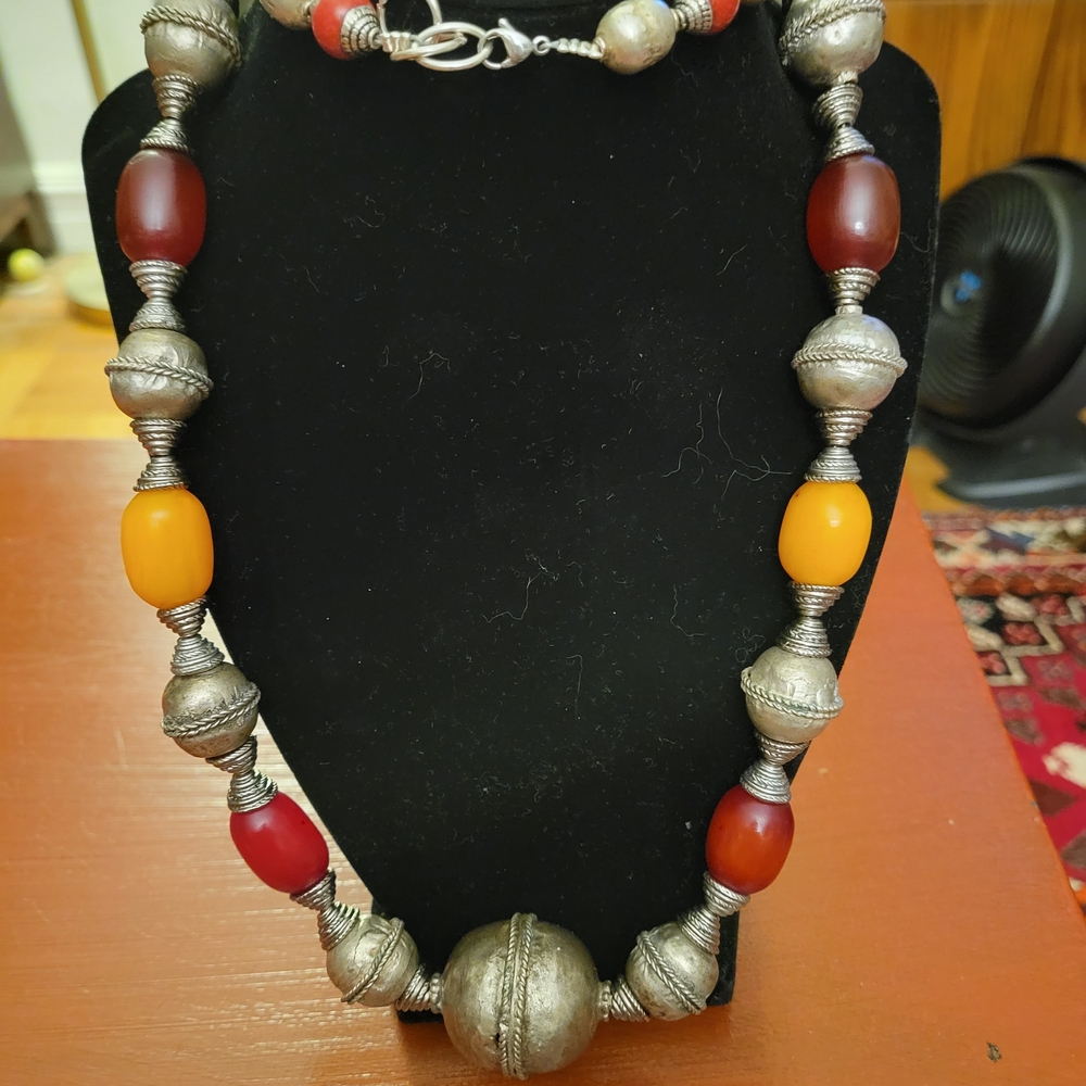 Vibrant Red and Yellow Beaded Necklace with Silver Accents